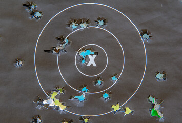 Old practice shooting target, damaged gun, bullet traces