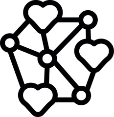 Network of love connecting hearts through lines and nodes, symbolizing relationships, affection, and the power of human connection