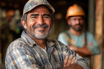 Fototapeta premium Confident Contractor and Worker Portrait at Construction Site Showcasing Teamwork and Professionalism