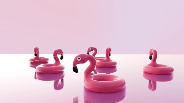 3d animation of a retro-inspired pink flamingo floatie, a classic summer accessory.
