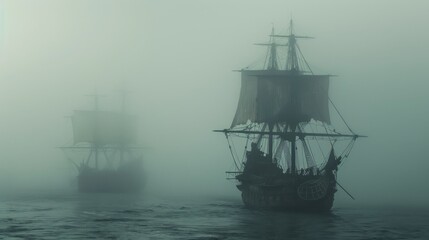 Fototapeta premium Two Ships Sail Through a Foggy Sea