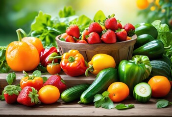 vibrant close colorful produce showcasing variety fruits vegetables lively arrangement, fresh, organic, healthy, farm, market, edible, natural, gourmet