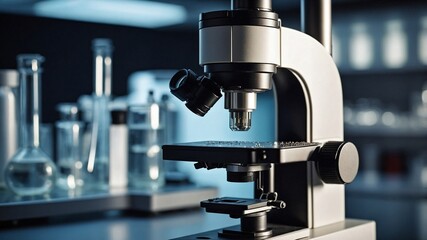 Laboratory Microscope on Clean Lab Bench. High-Quality Scientific Equipment. Professional Microscope Scene. Detailed Laboratory Instrument for Research Presentation.