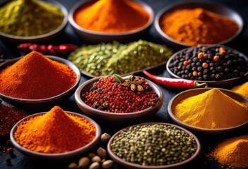 Fototapeta premium vibrant collection spices displayed black surface showcasing colors textures, seasoning, herb, ingredient, flavor, aroma, culinary, edible, aromatic