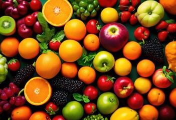 vibrant aerial display fresh seasonal fruits vegetables showcasing colorful array bounty breathtaking arrangement, assortment, berries, broccoli, carrots