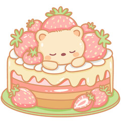 Hand drawn doodle illustration kawaii cute bear with strawberries cake Perfect for celebrations and children's parties.