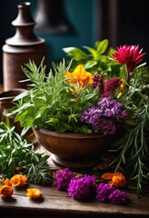 Fototapeta premium innovative arrangement fragrant herbs showcasing colorful leaves vibrant blooms unique layout, aromatic, foliage, plant, garden, beauty, texture, fresh