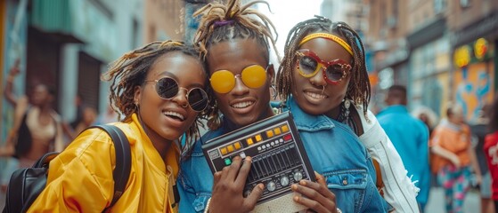 Three young women in urban attire pose together with music-related items, indicating a shared interest in music or fashion. Individual styles blend with a collective theme.