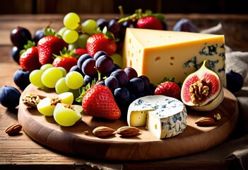 colorful display assorted vibrant fresh crunchy nuts rustic wooden board, cheese, fruit, platter, variety, assortment, creamy, hard, soft, sweet, savory