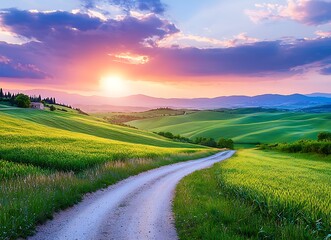 Fototapeta premium Sunset over Italy: Beautiful Summer Landscape with Path and Sky