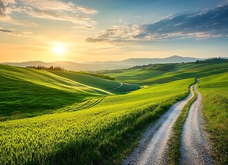 Obraz premium Road to Horizon: Picturesque Italian Countryside at Sunset