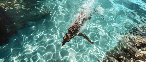 A dog in clear blue water, wearing black goggles, surrounded by bubbles, enjoying the serene underwater environment with a sense of relaxation and warmth.