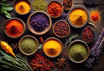 detailed close colorful herbs spices arranged wooden surface showcasing their unique textures rich colors, vibrant, arrangement, natural, organic, kitchen