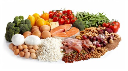 A colorful spread of diverse foods on a white background creates a visually appealing image, showcasing a balanced and vibrant selection for a healthy diet.