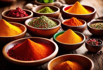 Fototapeta premium vibrant close colorful spices arranged beautifully crafted wooden bowls showcasing rich palette natural textures hues, herb, ingredient, culinary, cuisine