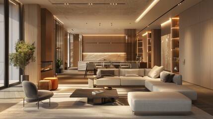 Modern living room with a cozy atmosphere: spacious layout, large glass wall for natural light, deep gray sofa, square coffee table, black armchair with plant,