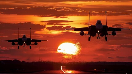 Silhouette of military aircraft on sunset background.