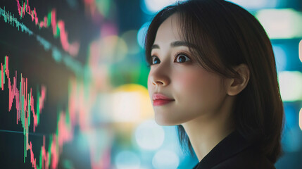 Fototapeta premium Japanese woman at conference with finance graph finance investment stock market economy trading data analysis business profit