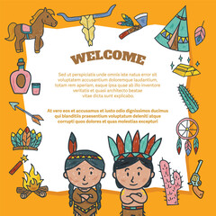 A colorful and playful illustration of the Wild West, featuring two young native Americans, including elements like a horse, a skull, feathers, a tipi, and arrow