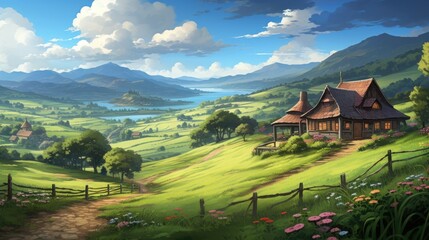 Lush anime countryside in spring with rolling hills and colorful flowers