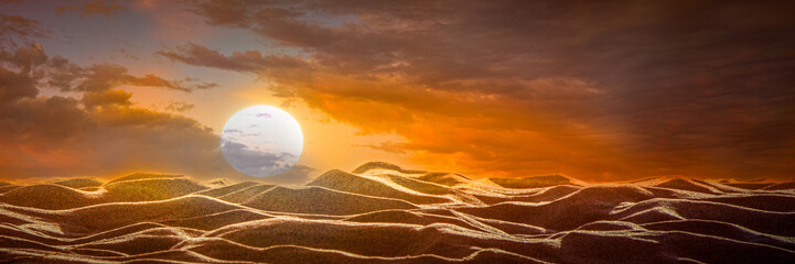 Golden Sunset Over Serene Desert Sand Dunes Landscape