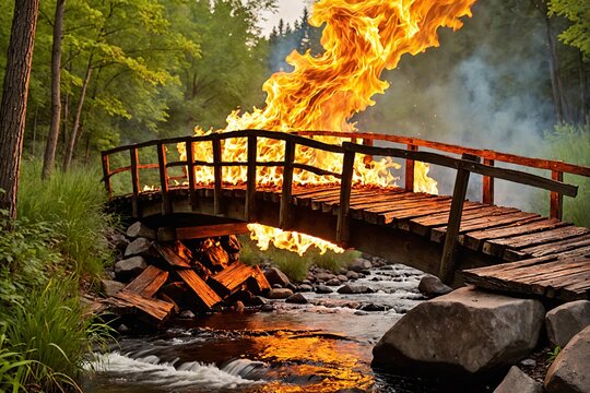 A wooden bridge burning over a stream, flames consuming the planks and supports