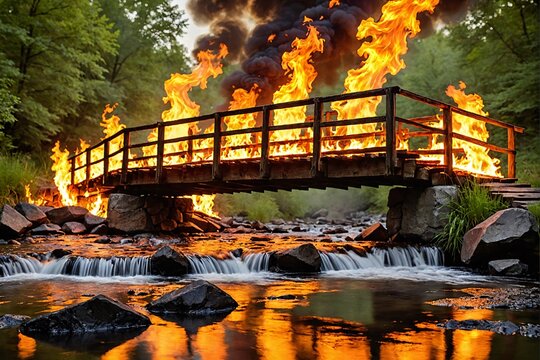 A wooden bridge burning over a stream, flames consuming the planks and supports