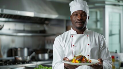 A afroamerican male chef in a white uniform presents a plate of food in a restaurant kitchen