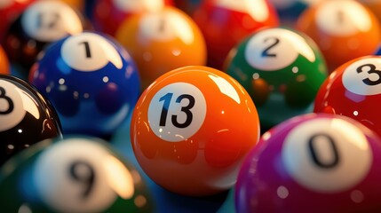 A close-up view of vibrant and shiny billiard balls with various numbers, focusing on the orange ball numbered 13.