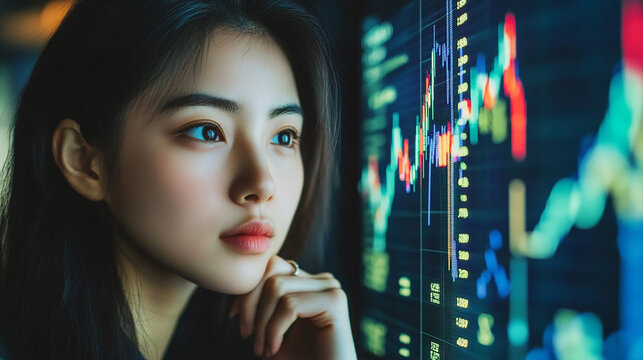 Japanese woman showing budget graph finance investment stock market economy trading data analysis business profit