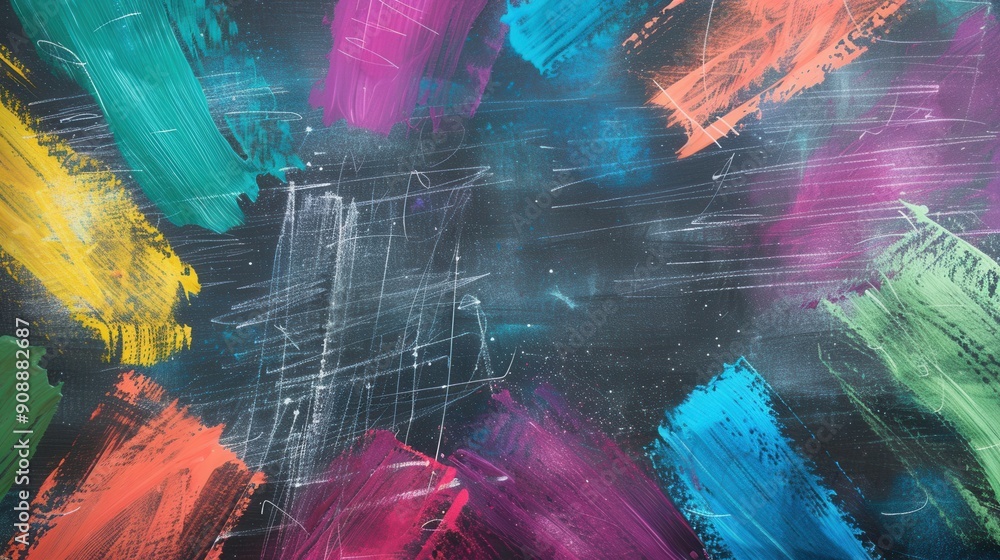 Aufkleber bright brushstrokes in various colors contrast against the dark green chalkboard, showcasing artisti