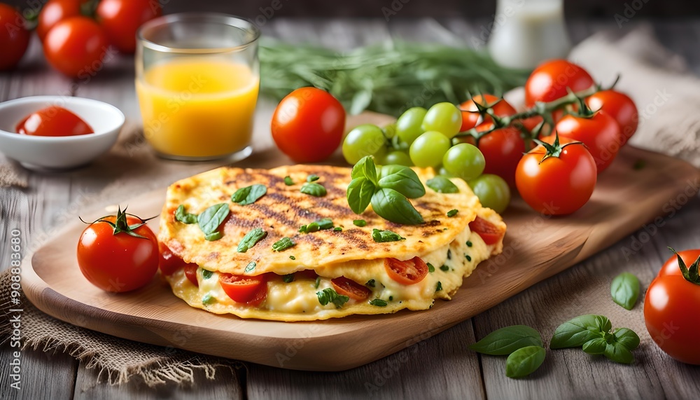 Wall mural breakfast omelet with tomatoes.