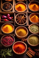 elegant display fragrant spices stylish wooden containers showcasing natural beauty craftsmanship, elegance, gourmet, herbs, aromatics, seasoning, kitchen