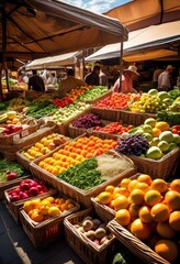 vibrant display colorful fresh produce featuring varieties fruits vegetables abundant market setting, apples, basket, berries, bright, carrots, citrus