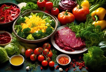 exquisite close disassembled meal showcasing intricate textures colors each ingredient, dish, food, ingredients, presentation, arrangement, details