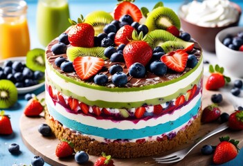 vibrant layered dessert colorful whipped fresh decorative toppings delicate base, sauce, cream, fruit, sweet, treat, edible, garnish, delicacy, aesthetic