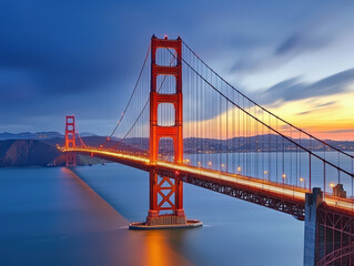 Obraz premium The Golden Gate Bridge is lit up at night, creating a beautiful