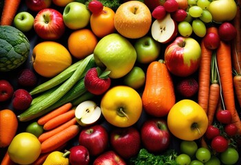 close colorful fresh fruits vegetables displaying variety textures shapes, freshness, organic, healthy, produce, garden, harvest, juicy, ripe, sweet, green