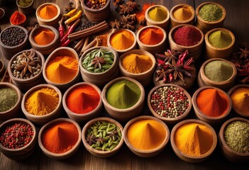 eye view colorful spices various containers showcasing rich textures vibrant hues, colors, herb, herbs, seasoning, seasonings, mixture, mixtures, powder