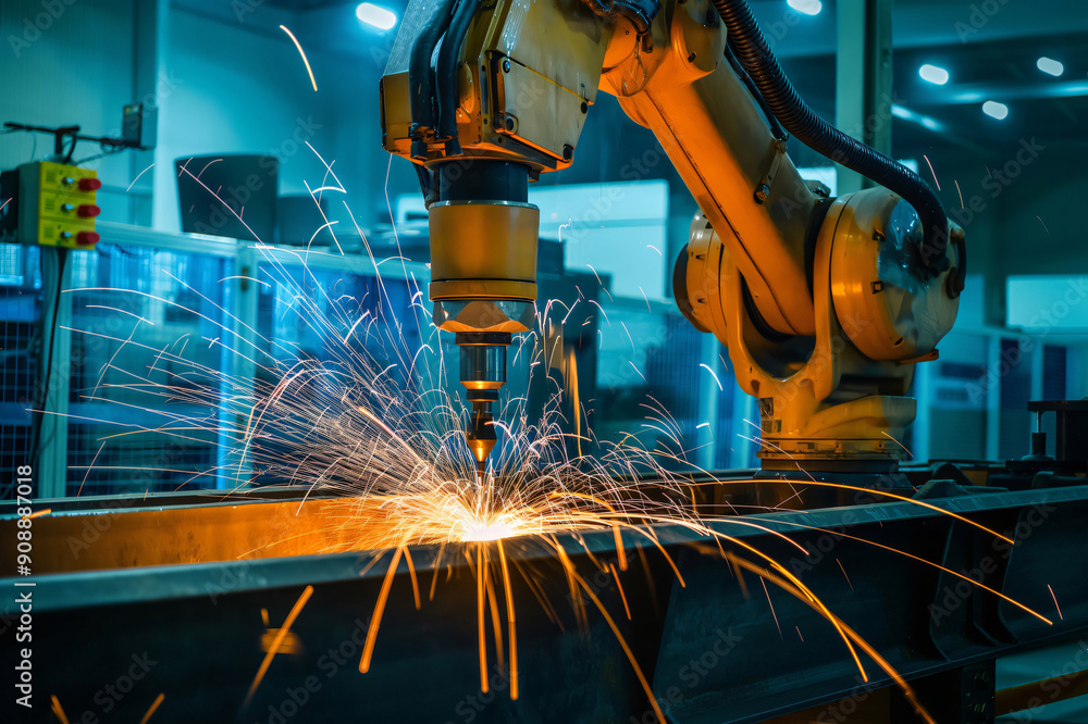 Poster robotic arm performing spot welding on a metal part, creating a shower of sparks in a modern factory