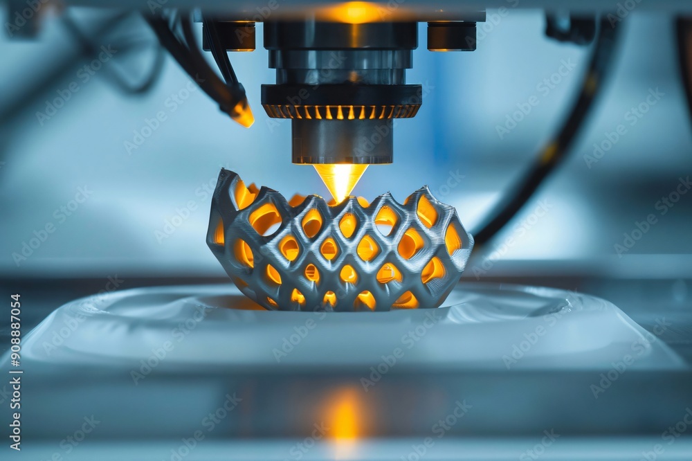 Poster laser sintering machine creating a complex metallic object from metal powder by using a high powered