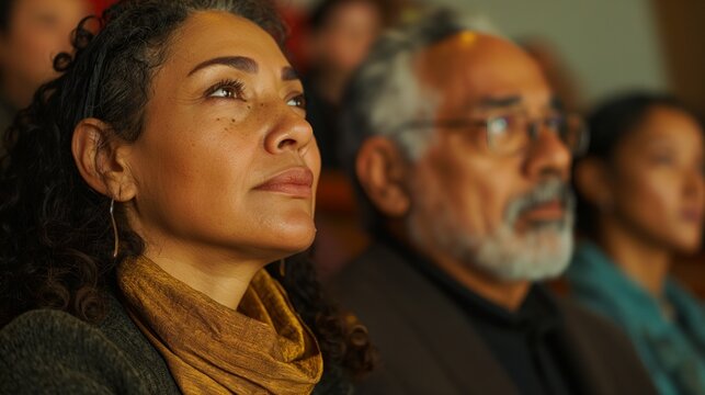 A thoughtful audience listens intently, with faces showing deep concentration and engagement in an indoor setting.