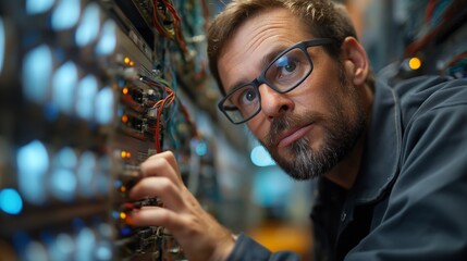 Technician examining a server rack in a datacenter, checking connections and cables with focused attention.