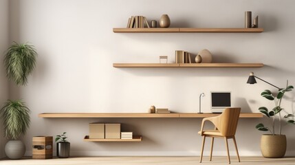 Minimalist workspace with floating shelves and geometric decor