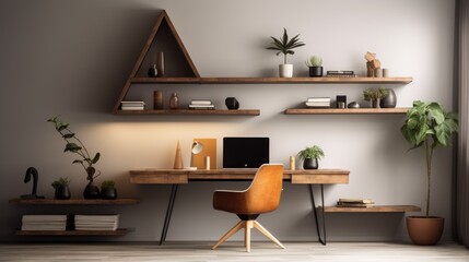 Minimalist workspace with floating shelves and geometric decor