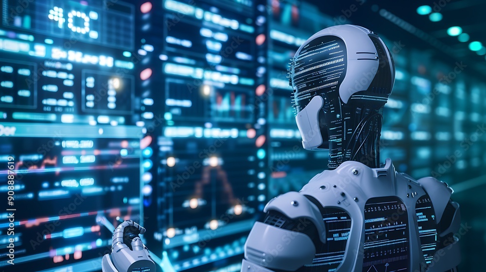 Poster robot stands in front of a screen filled with data visualizations, showcasing the potential of artif