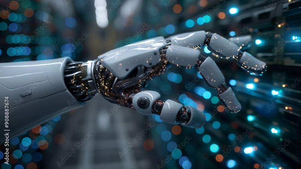 Poster a cybernetic hand poised in a high-tech environment, presumably controlling a data server or advance