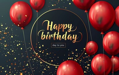 Happy Birthday Greeting card Design with text "Happy birthday to you", Red and gold color, Background with red balloons, golden ring frame circle