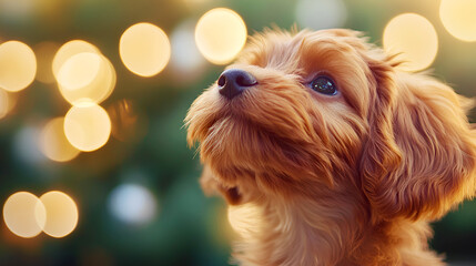 Charming Maltipoo puppy looking up against Christmas tree background with golden bokeh lights. Copy space.