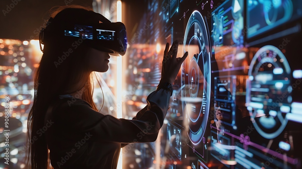 Poster woman wearing a vr headset interacts with a holographic interface displaying data and graphics. the 